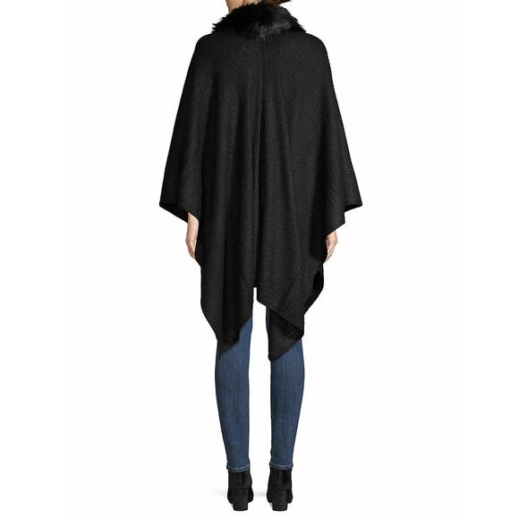 NWT Cejon Black The Leiya Faux Fur Trimmed Collar Poncho One Size - Picture 2 of 14